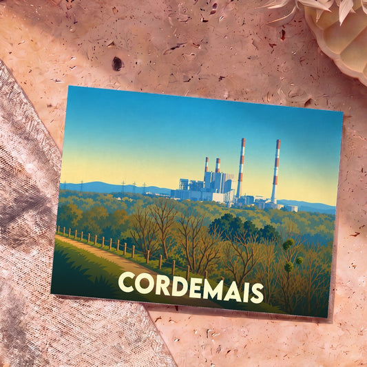 Carte postale souvenir de la ville de Cordemais avec une illustration stylisée de sa centrale thermique en bord de Loire.