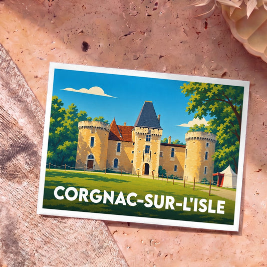 Carte postale souvenir de la ville de Corgnac-sur-l'Isle avec une illustration stylisée d'un château.