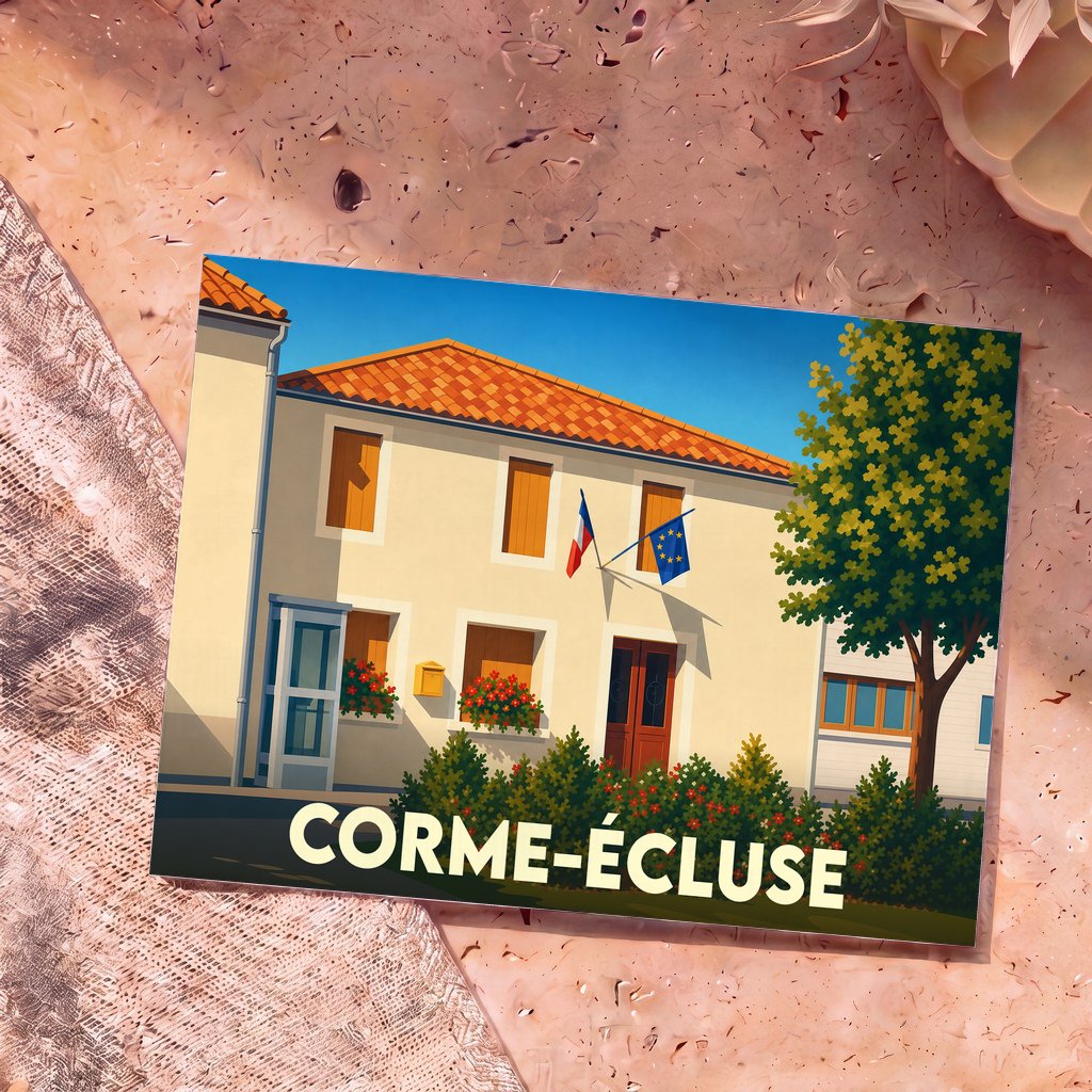Carte postale souvenir de la ville de Corme-Écluse avec une illustration stylisée de sa mairie.