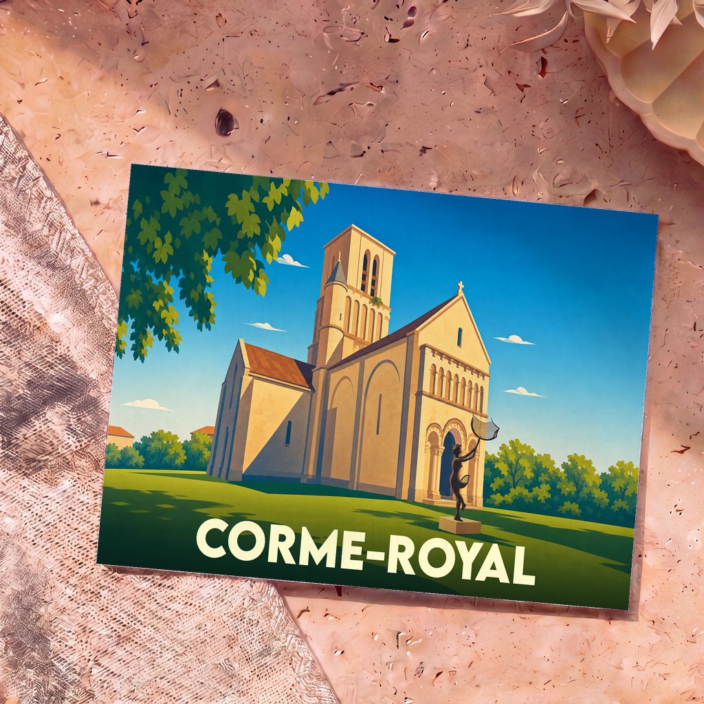 Carte postale souvenir de la ville de Corme-Royal avec une illustration stylisée de son église romane.