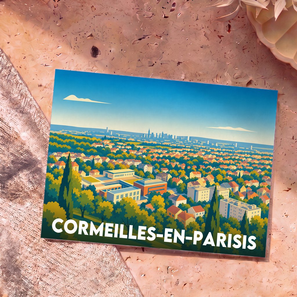 Carte postale souvenir de la ville de Cormeilles-en-Parisis avec une illustration panoramique stylisée.