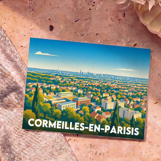 Carte postale souvenir de la ville de Cormeilles-en-Parisis avec une illustration panoramique stylisée.
