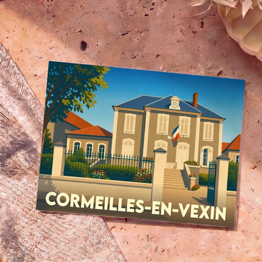 Carte postale souvenir de la ville de Cormeilles-en-Vexin avec une illustration stylisée de sa mairie.