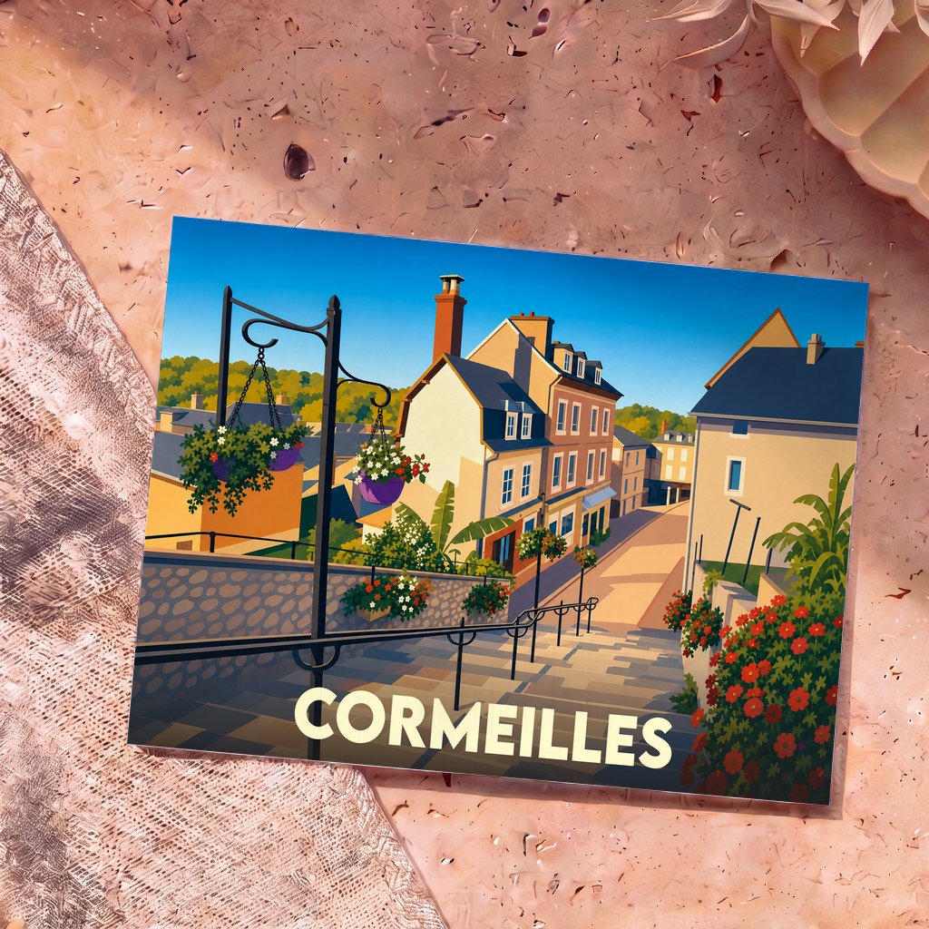 Carte postale souvenir de la ville de Cormeilles avec une illustration stylisée et colorée de ses rues en pente.