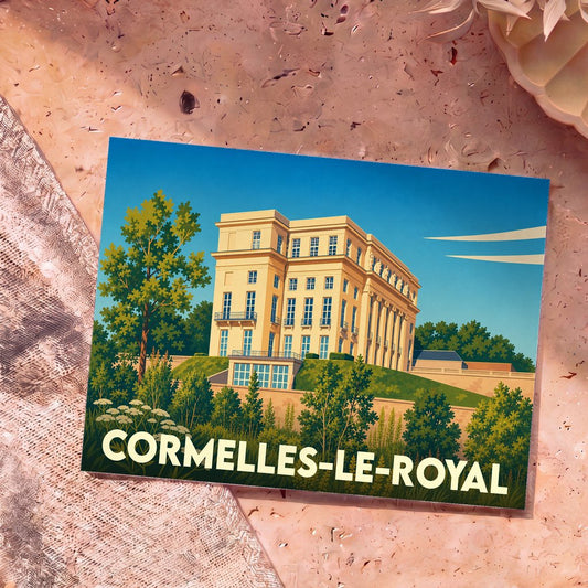 Carte postale souvenir de la ville de Cormelles-le-Royal avec une illustration stylisée d'un bâtiment classique sur une colline verdoyante.