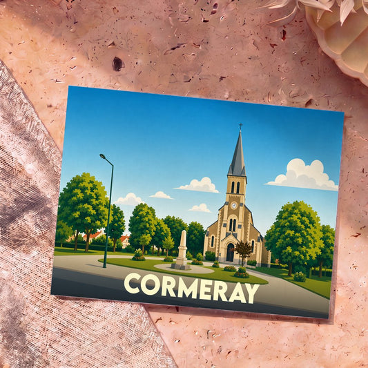 Carte postale souvenir de la ville de Cormeray avec une illustration stylisée de son église.
