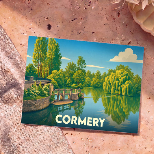 Carte postale souvenir de la ville de Cormery illustrant un paysage fluvial paisible au style vintage.