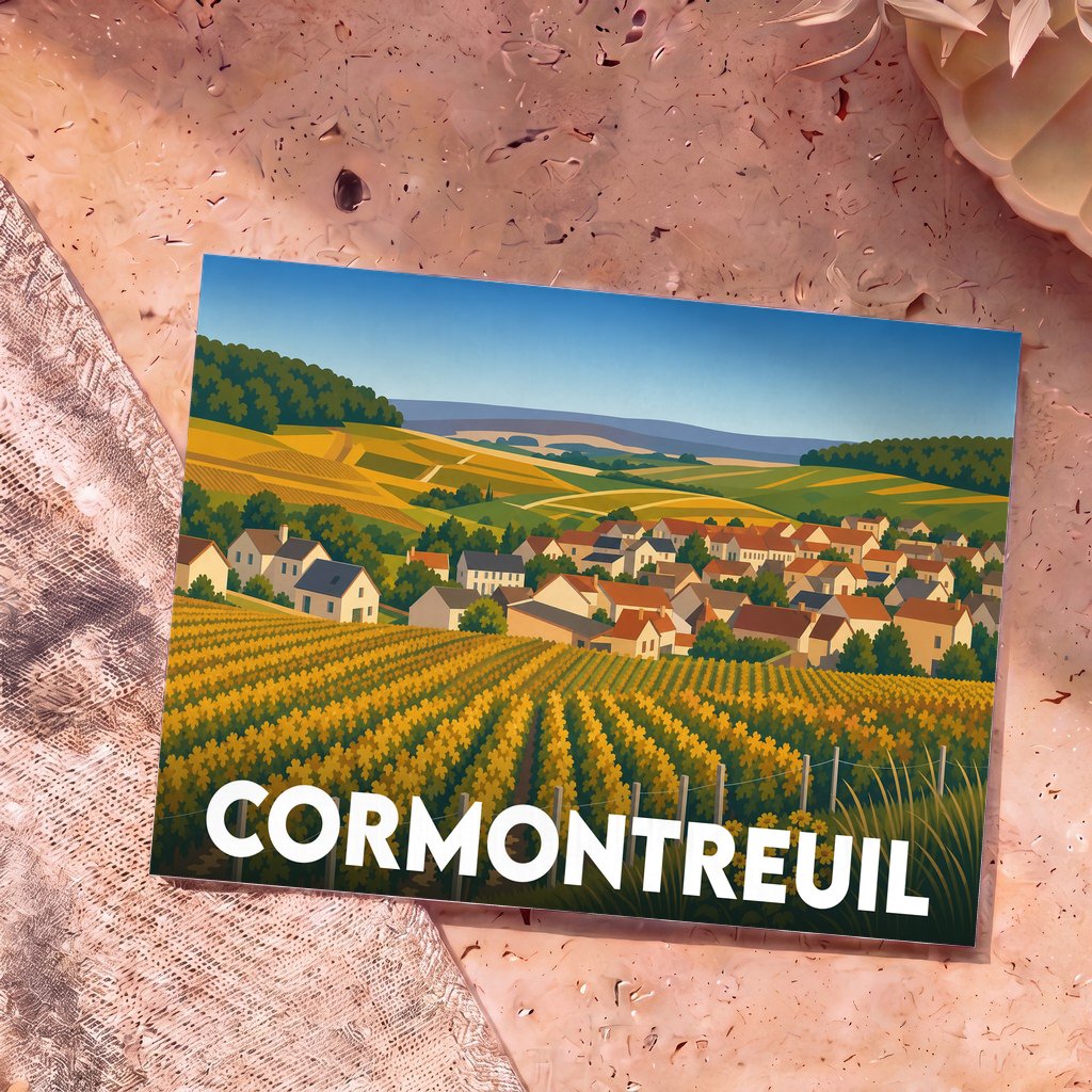 Carte postale souvenir de la ville de Cormontreuil avec une illustration stylisée de son paysage champêtre.