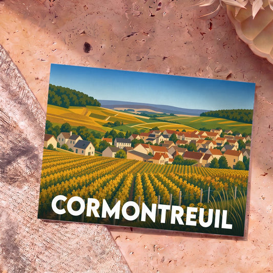 Carte postale souvenir de la ville de Cormontreuil avec une illustration stylisée de son paysage champêtre.