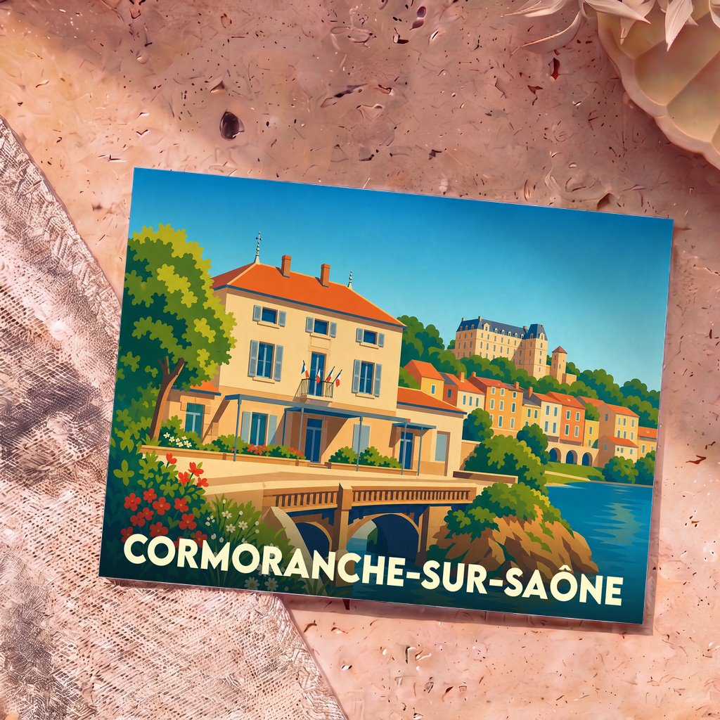 Carte postale souvenir de la ville de Cormoranche-sur-Saône avec une illustration colorée et stylisée.