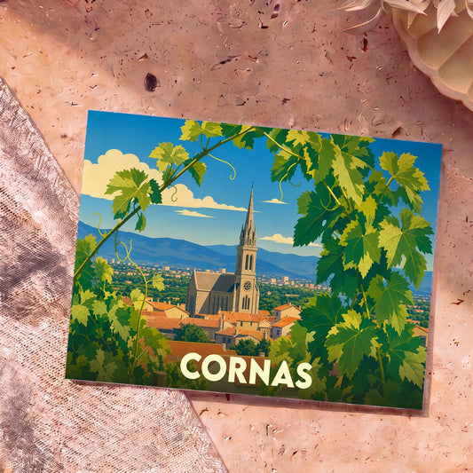 Carte postale souvenir de la ville de Cornas illustrant une église et des vignes dans un style graphique épuré.