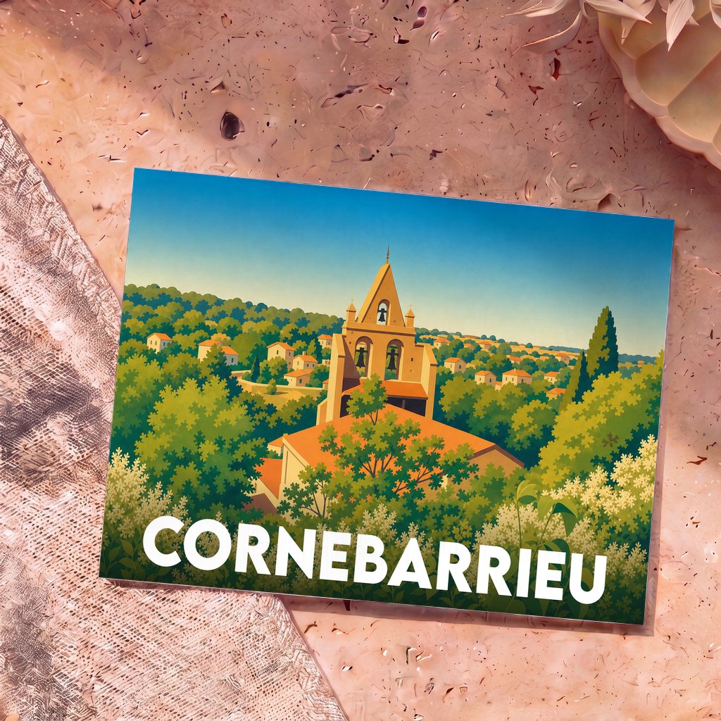 Carte postale souvenir de la ville de Cornebarrieu illustrant son église et ses collines verdoyantes dans un style graphique épuré.