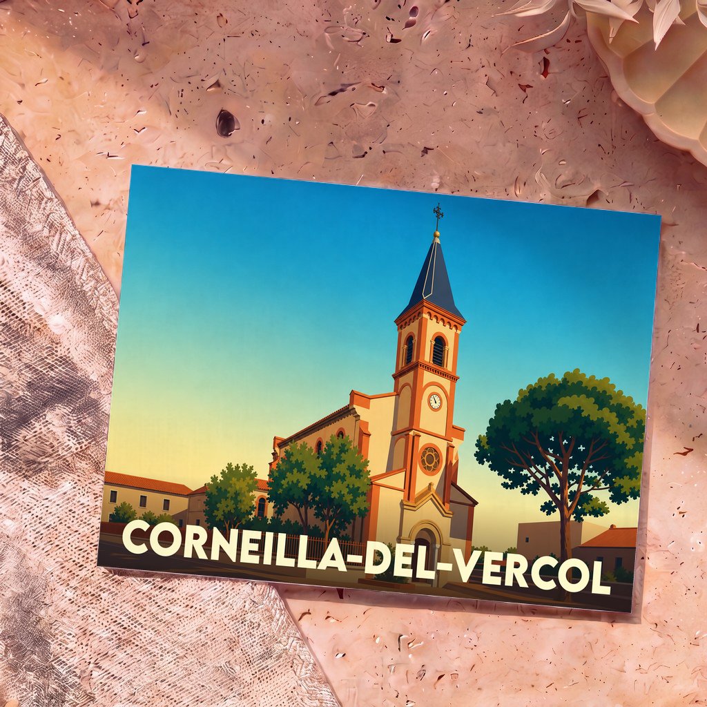 Carte postale souvenir de la ville de Corneilla-del-Vercol avec une illustration stylisée de son église sous un ciel azur.