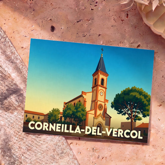 Carte postale souvenir de la ville de Corneilla-del-Vercol avec une illustration stylisée de son église sous un ciel azur.