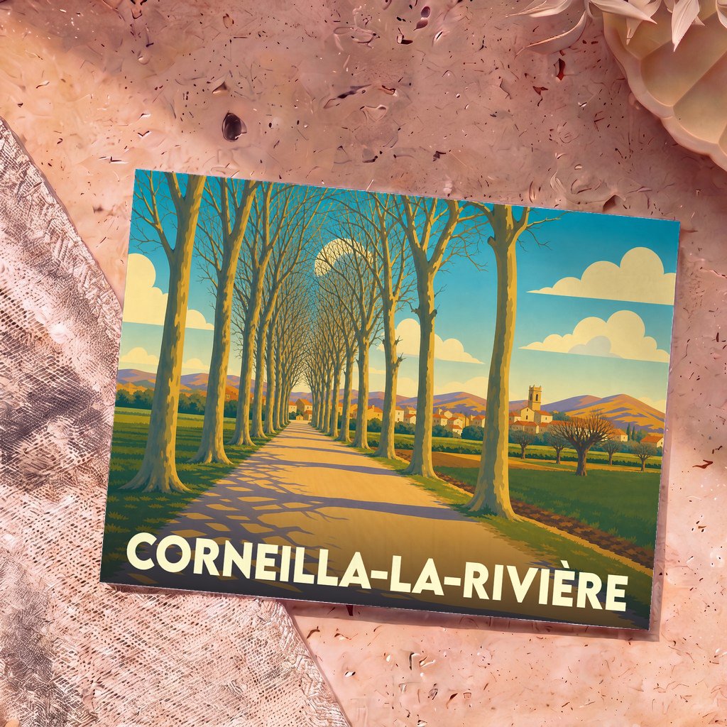 Carte postale souvenir de Corneilla-la-Rivière illustrant une allée d'arbres menant au village dans un style rétro.