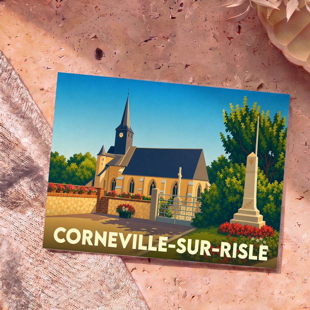 Carte postale souvenir de la ville de Corneville-sur-Risle avec une illustration stylisée de son église.