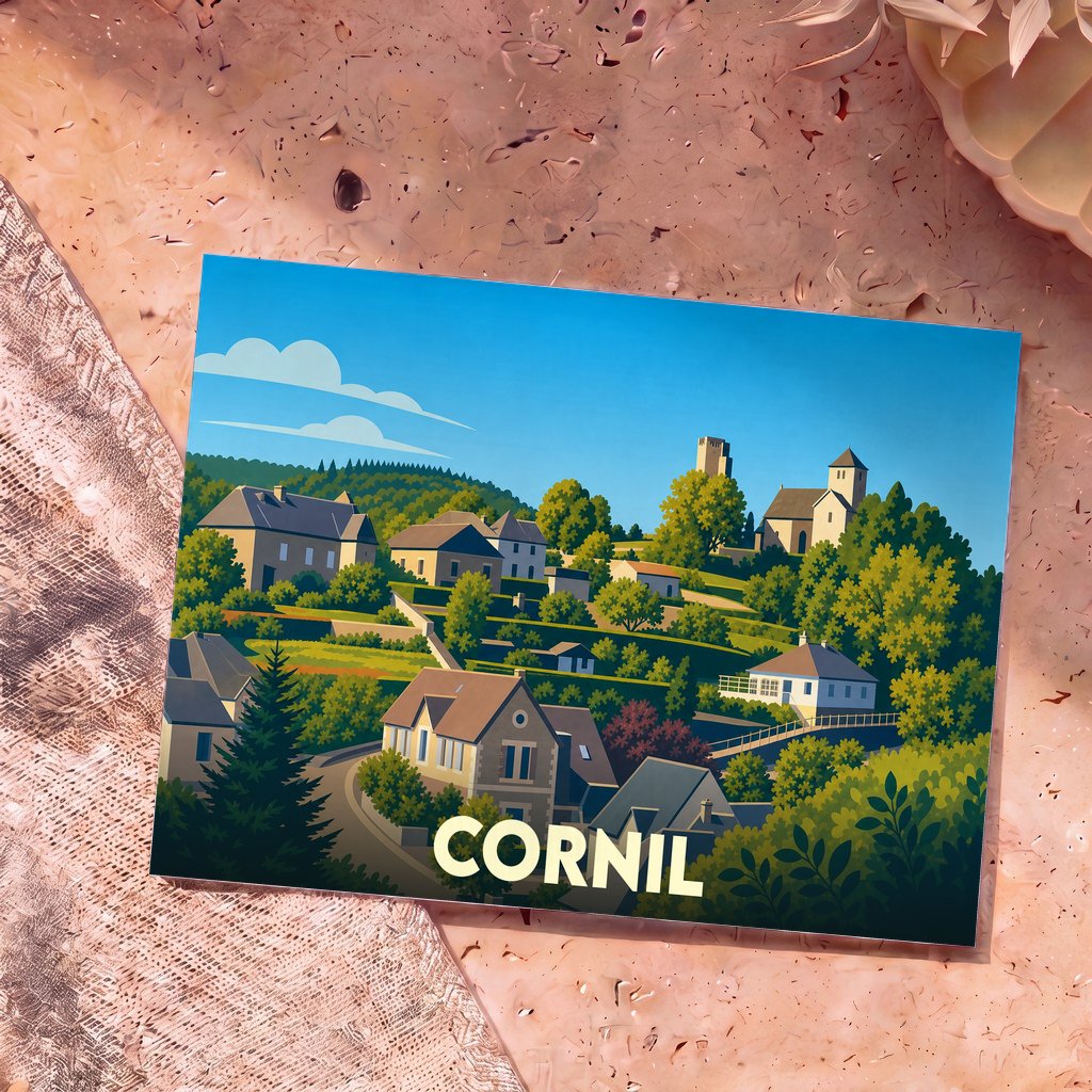Carte postale souvenir de la ville de Cornil avec une illustration stylisée et colorée du village.