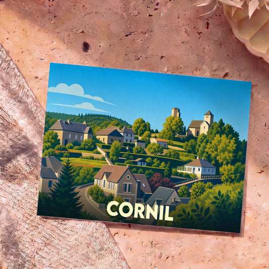 Carte postale souvenir de la ville de Cornil avec une illustration stylisée et colorée du village.