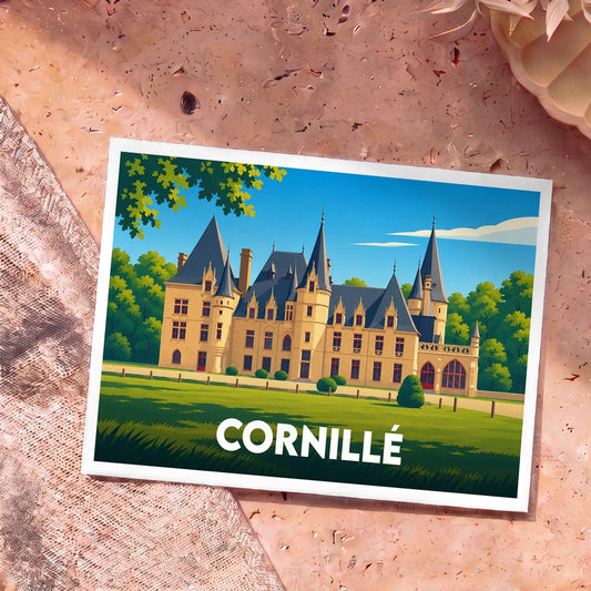 Carte postale souvenir de la ville de Cornillé représentant son château dans un style illustré.