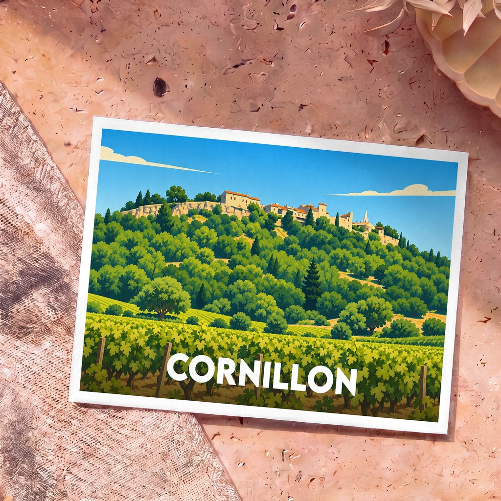 Carte postale souvenir de la ville de Cornillon illustrant ses vignobles et son village perché dans un style graphique épuré.