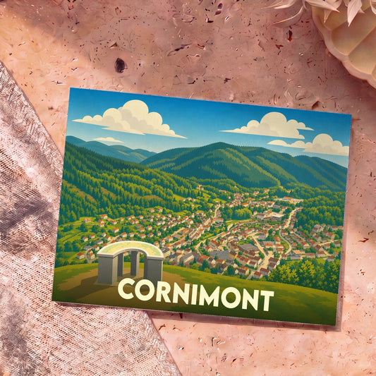 Carte postale souvenir de la ville de Cornimont avec une illustration stylisée de ses paysages montagneux.