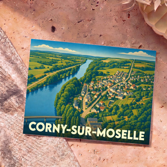 Carte postale souvenir de la ville de Corny-sur-Moselle avec une illustration panoramique stylisée de la vallée et du fleuve.
