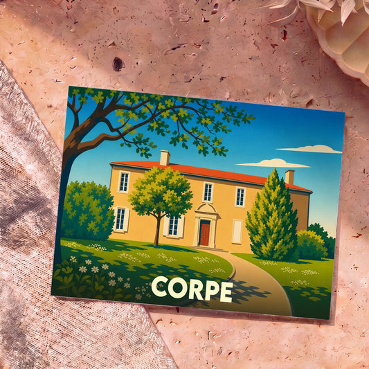 Carte postale souvenir de la ville de Corpe présentant une illustration stylisée d'une demeure entourée de verdure.