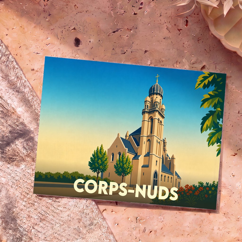 Carte postale souvenir de la ville de Corps-Nuds avec une illustration stylisée de son église emblématique.