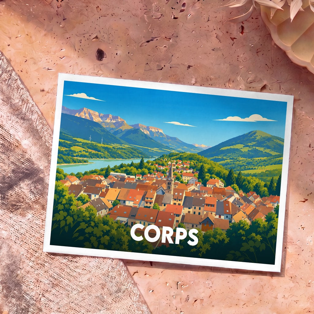 Carte postale souvenir de la ville de Corps avec une illustration stylisée montrant le village niché dans les montagnes.