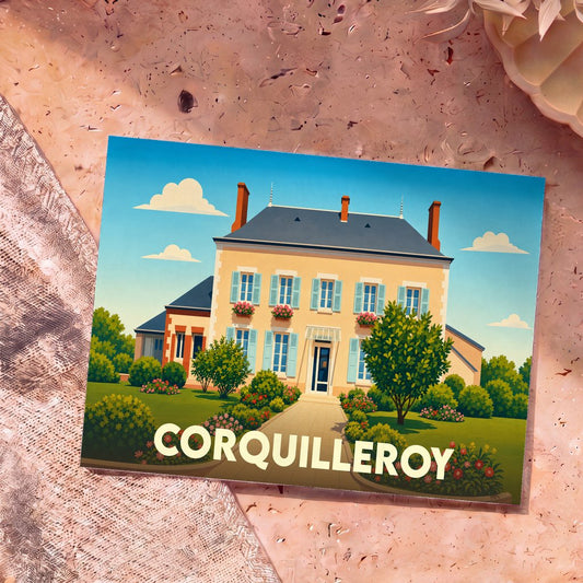 Carte postale souvenir de la ville de Corquilleroy avec une illustration stylisée d'une maison bourgeoise.