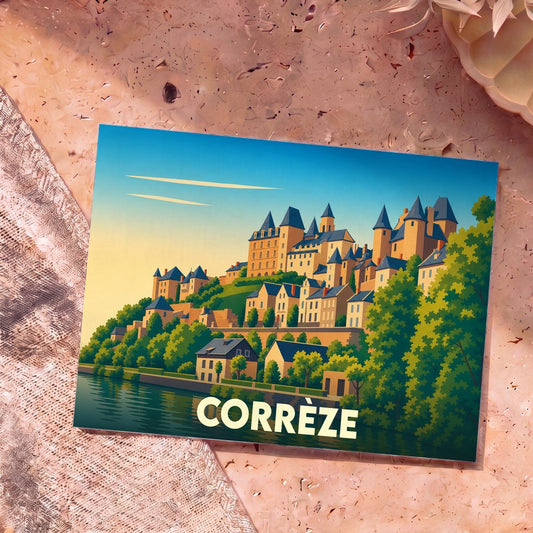 Carte postale souvenir de la Corrèze ornée d'une illustration stylisée d'un village médiéval au bord de l'eau.