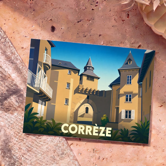 Carte postale souvenir de la ville de Corrèze avec une illustration stylisée de son architecture historique.