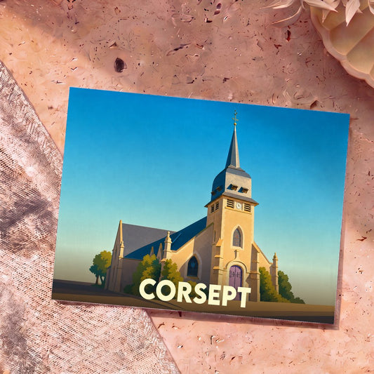 Carte postale souvenir de la ville de Corsept illustrant son église dans un style graphique épuré.