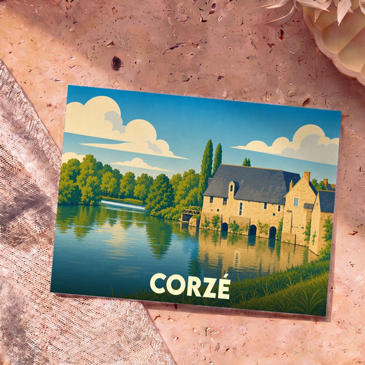 Carte postale souvenir de la ville de Corzé avec une illustration stylisée d'un moulin au bord de l'eau.