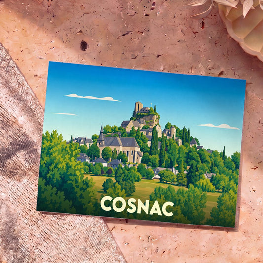 Carte postale souvenir de la ville de Cosnac avec une illustration stylisée d'un village perché.