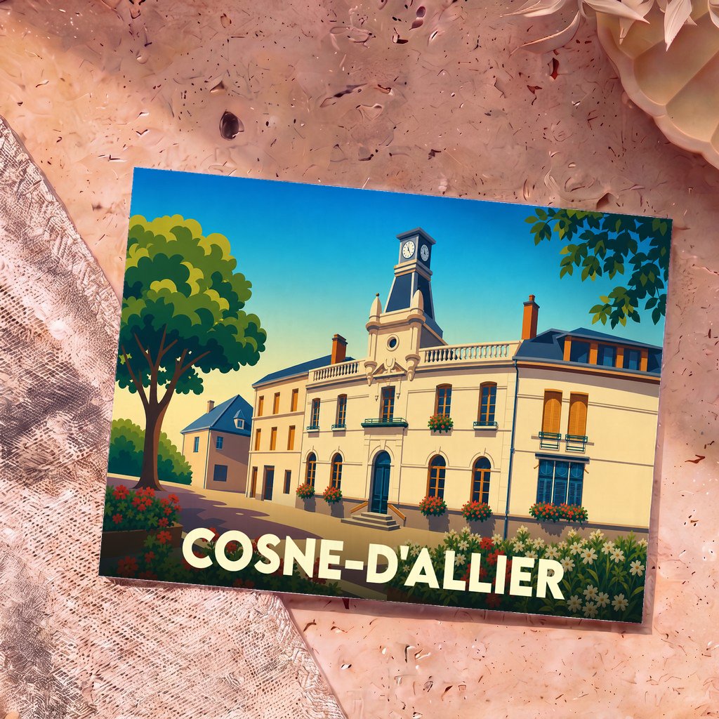 Carte postale souvenir de la ville de Cosne-d'Allier présentant une illustration stylisée de son hôtel de ville.