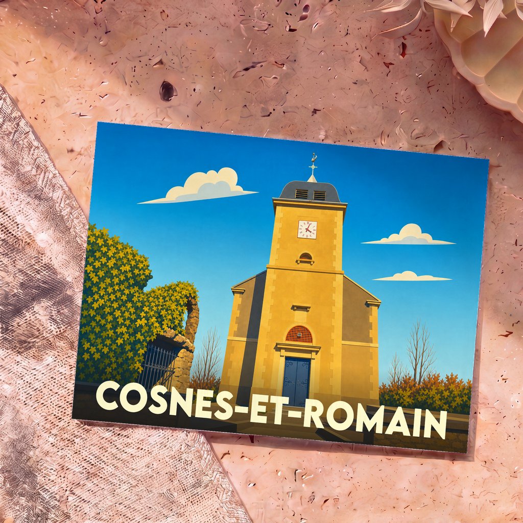 Carte postale souvenir de la ville de Cosnes-et-Romain avec une illustration stylisée de son église sous un ciel bleu.