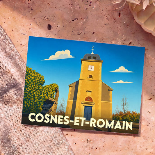 Carte postale souvenir de la ville de Cosnes-et-Romain avec une illustration stylisée de son église sous un ciel bleu.