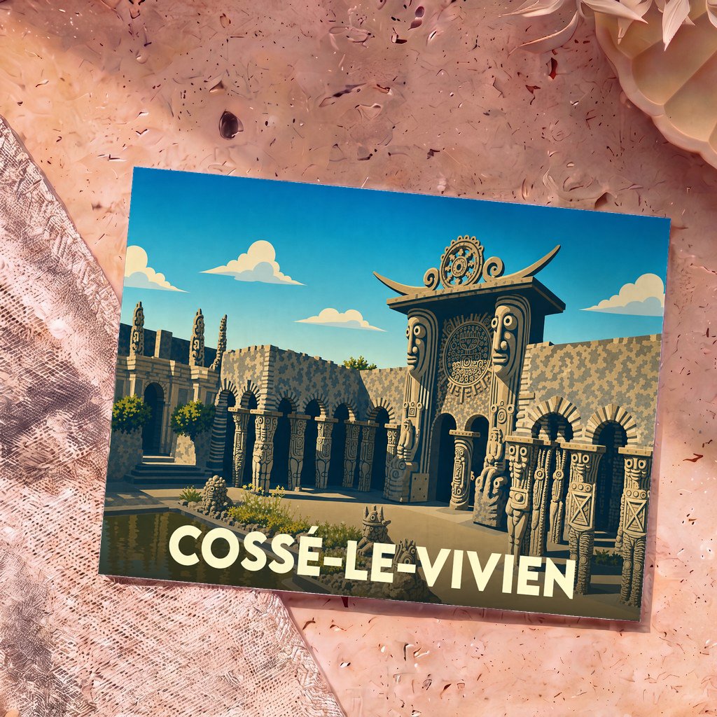 Carte postale souvenir de la ville de Cossé-le-Vivien illustrant le musée Robert Tatin dans un style graphique épuré.