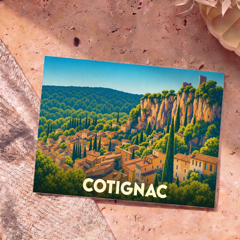 Carte postale souvenir de la ville de Cotignac avec une illustration stylisée d'un village provençal au pied d'une falaise.