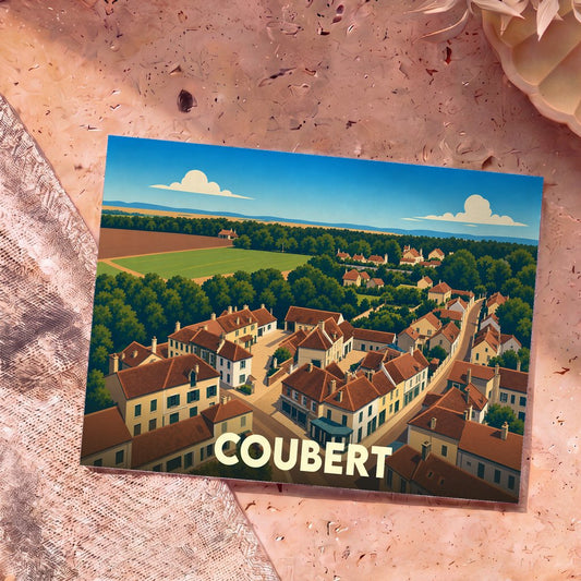 Carte postale souvenir de la ville de Coubert illustrant une vue aérienne stylisée du village.