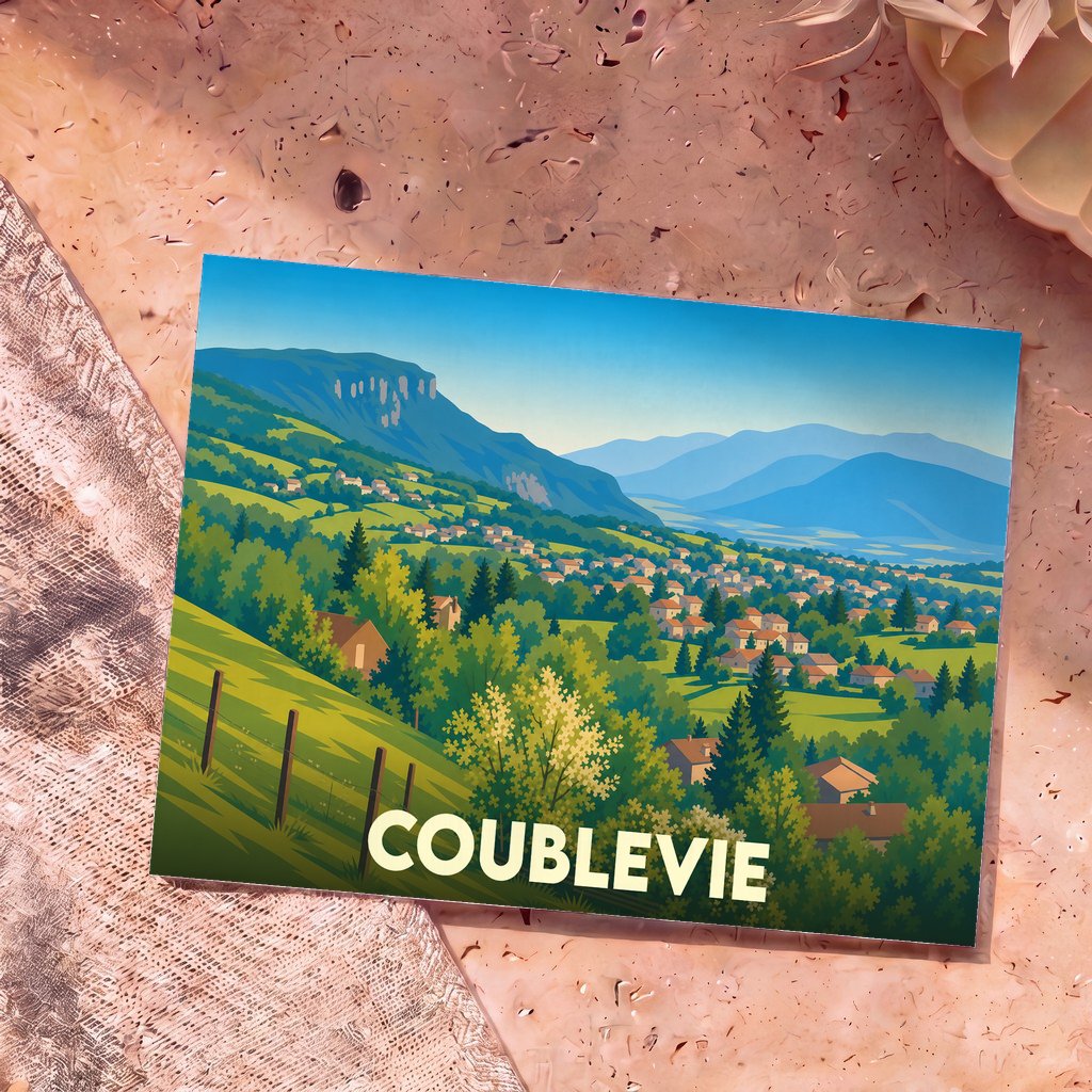 Carte postale souvenir de la ville de Coublevie avec une illustration paysagère stylisée.
