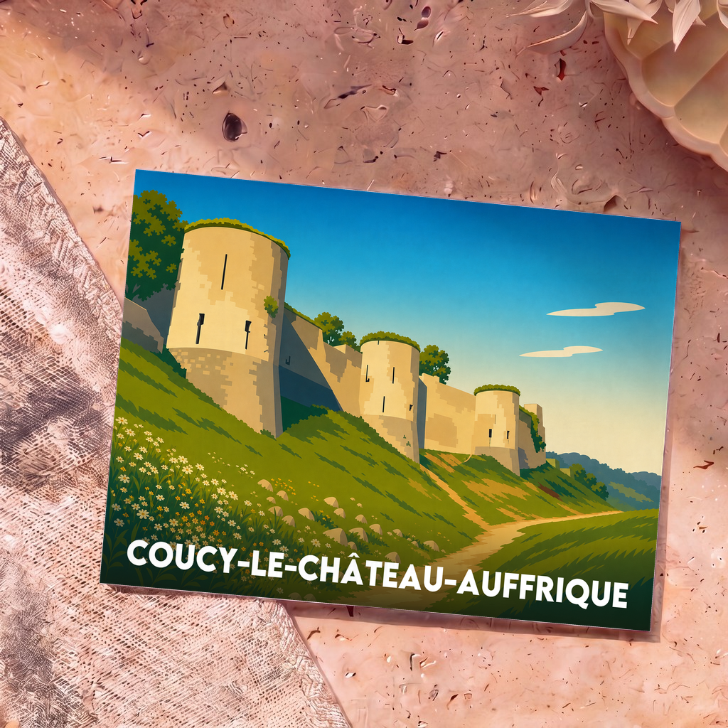Carte postale souvenir de la ville de Coucy-le-Château-Auffrique avec une illustration stylisée de ses remparts médiévaux.
