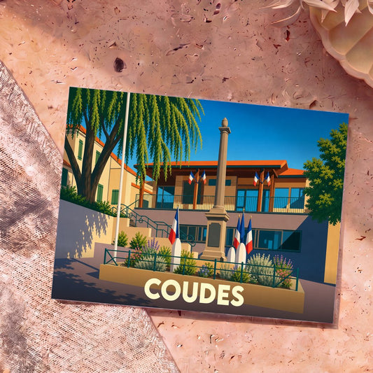 Carte postale souvenir de la ville de Coudes illustrant sa mairie et son monument aux morts dans un style épuré.