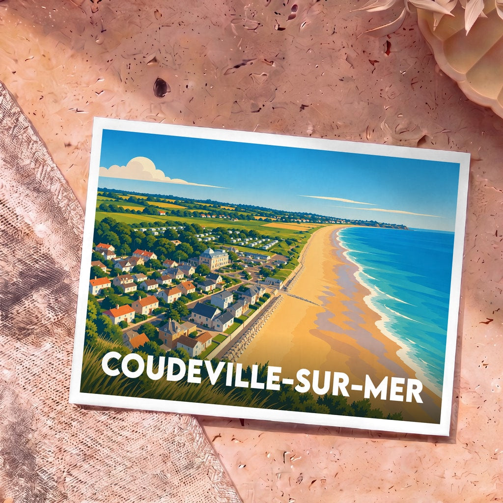 Carte postale souvenir de la ville de Coudeville-sur-Mer avec une illustration stylisée de la plage et du village.