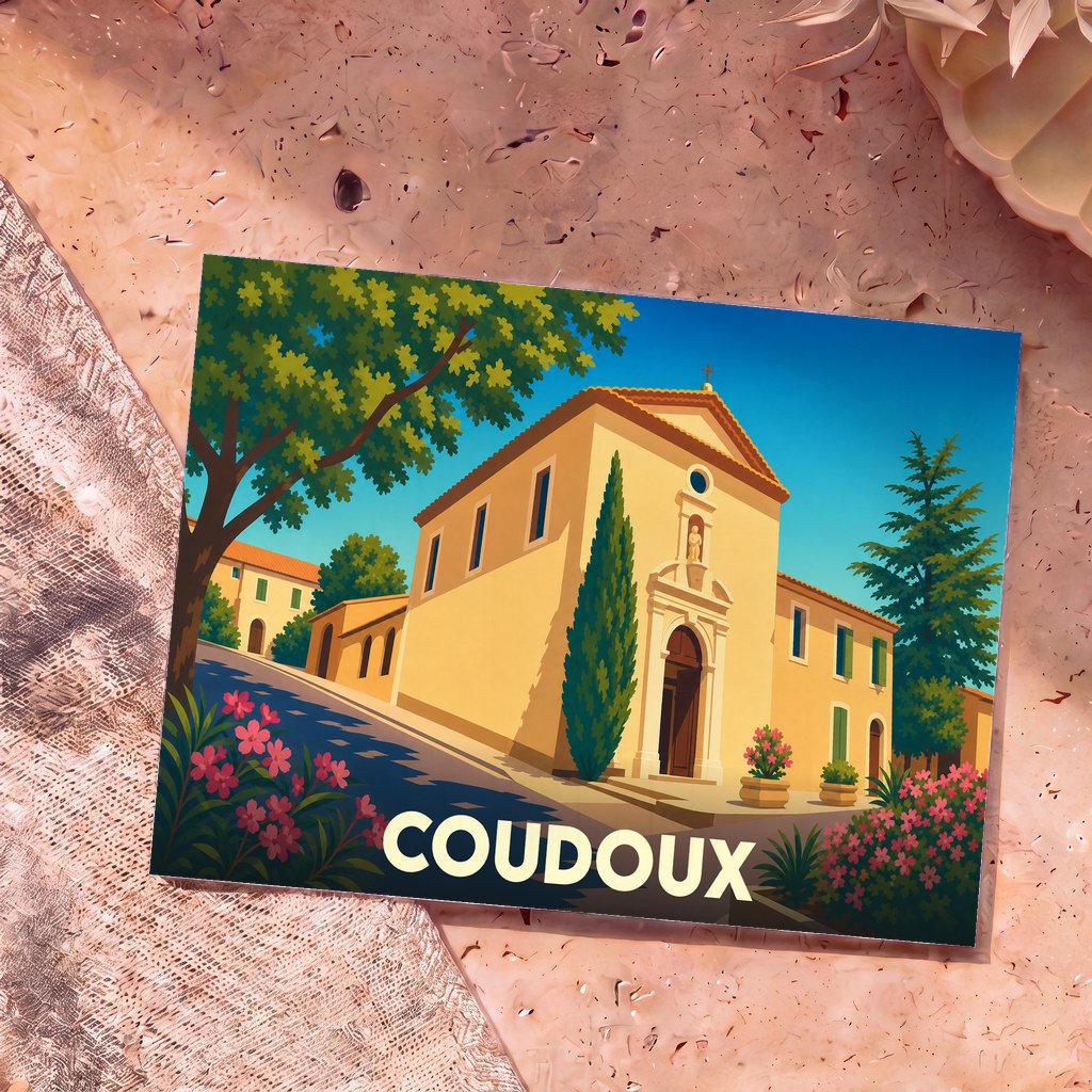 Carte postale souvenir de la ville de Coudoux avec une illustration stylisée de son église sous le soleil.