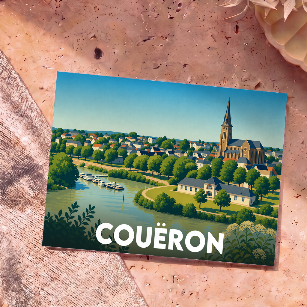 Carte postale souvenir de la ville de Couëron avec une illustration stylisée montrant l'église et les bords de Loire.