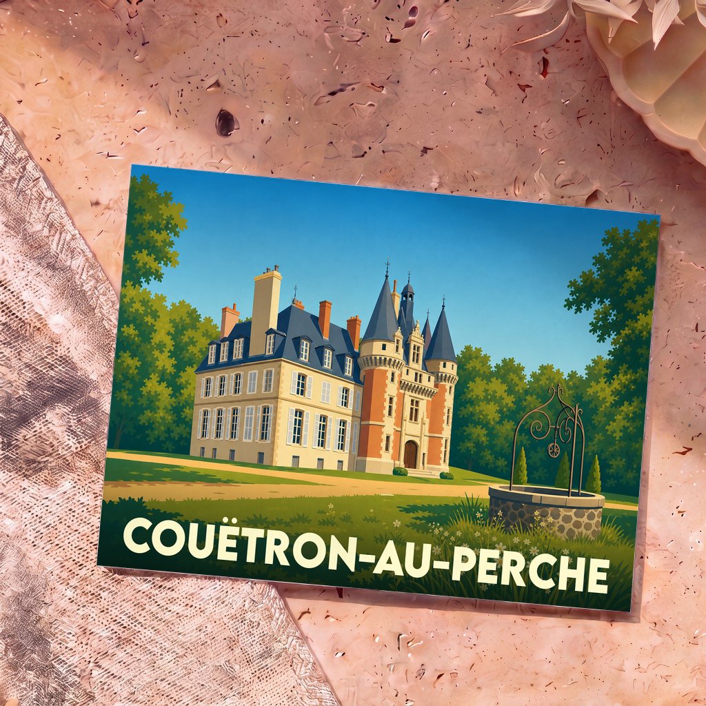Carte postale souvenir de la ville de Couëtron-au-Perche avec une illustration stylisée d'un château.