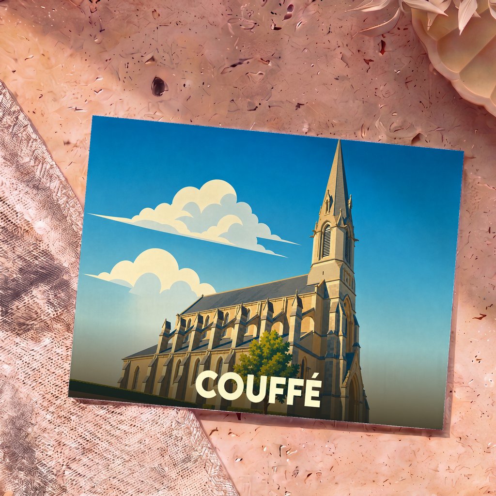 Carte postale souvenir de la ville de Couffé avec une illustration stylisée de son église sous un ciel bleu.