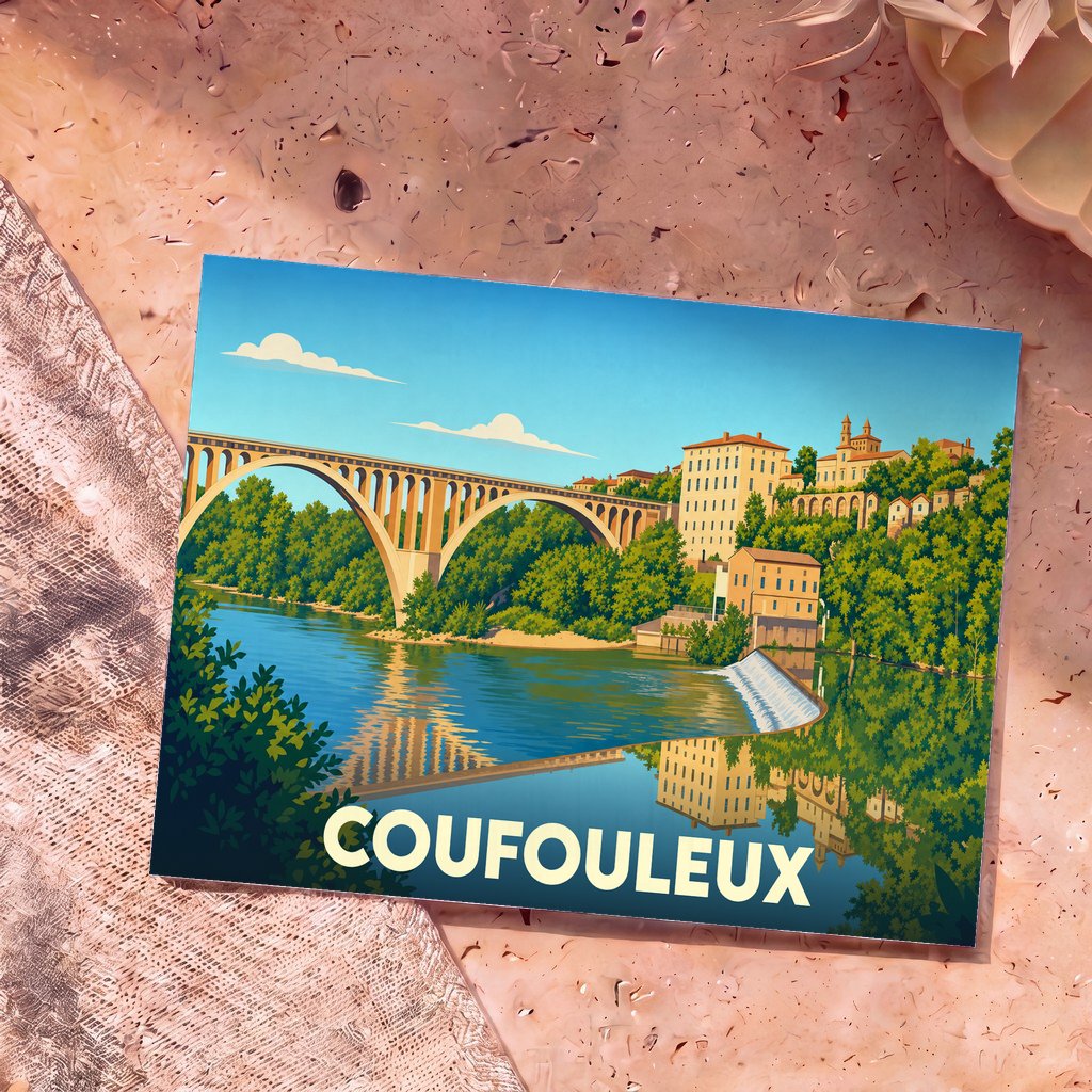 Carte postale souvenir de la ville de Coufouleux avec une illustration stylisée d'un viaduc et de bâtiments en bord de rivière.